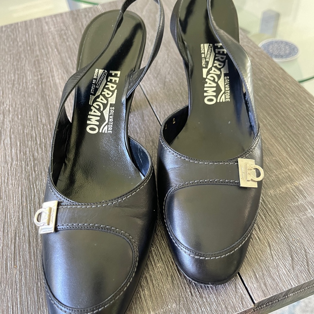 Salvatore Ferragamo Women’s Black Leather Heels with Silver Buckle